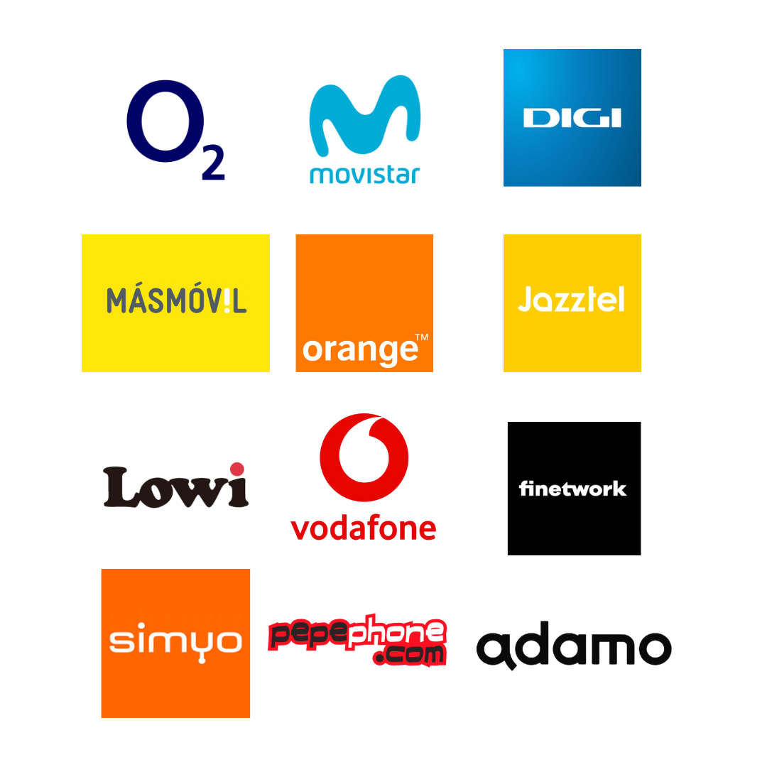 Colaboradores: O2, Movistar, DIGI, MásMóvil, Orange, Jazztel, Lowi, Vodafone, Finetwork, Simyo, Pepephone, Adamo